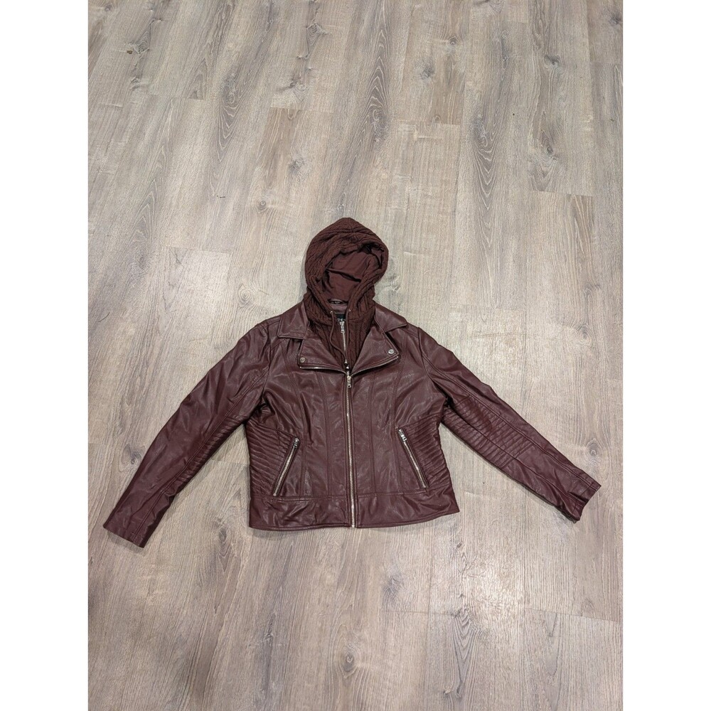 GUESS Maroon Faux Leather Moto Jacket Convertible Knit Cable Hood XXL Plus Size